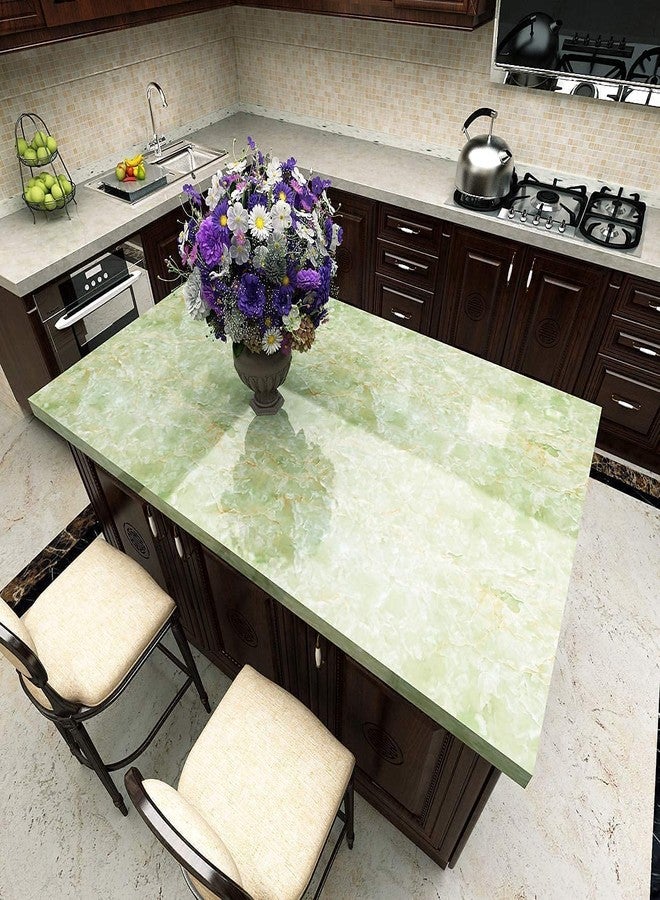 KASHIVAL ورق جدران كاشيفال الرخامي الأخضر لتغطية أسطح الطاولات، ورق لاصق رخامي أخضر مقاوم للماء لأسطح الطاولات في المطبخ والحمام (مقاس 60*200 سم) (رخام أخضر A18) - Image 2